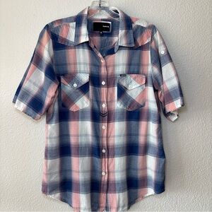 Hurley Women's Plaid Button Up Shirt Medium Roll Tab Sleeve Western Cowgirl FLAW
